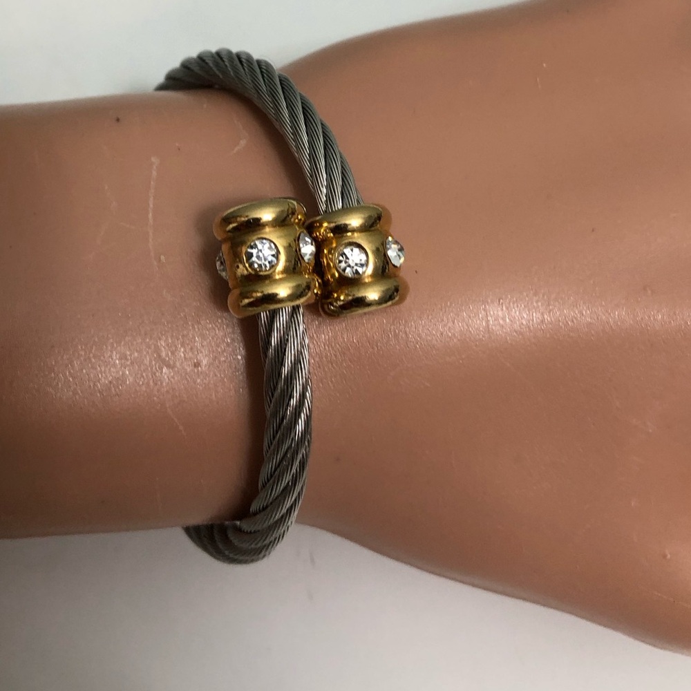 Stainless Steel 2-Tone Cable Bangle Bracelet w/ Crystals